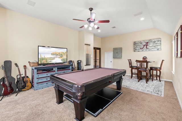 24818 Waterstone Estates Cir W, Tomball, TX 77375 - rec room featuring carpet floors, a ceiling fan, pool table, recessed lighting, and lofted ceiling