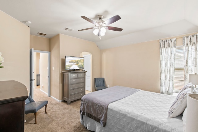 24818 Waterstone Estates Cir W, Tomball, TX 77375 - bedroom with visible vents, ceiling fan, lofted ceiling, and light carpet