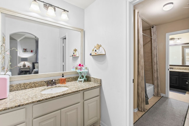 24818 Waterstone Estates Cir W, Tomball, TX 77375 - full bathroom featuring tile patterned flooring, shower / bathtub combination with curtain, and vanity