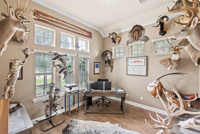 24818 Waterstone Estates Cir W, Tomball, TX 77375 - home office with a healthy amount of sunlight, baseboards, ornamental molding, and wood finished floors
