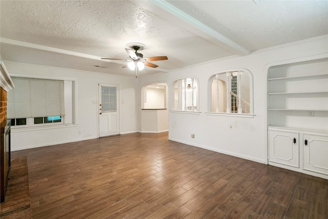 unfurnished living room with arched walkways, a textured ceiling, a ceiling fan, baseboards, and dark wood-style floors