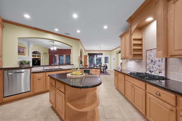 13262 Royal Rdg, Conroe, TX 77302 - kitchen featuring dishwasher, gas cooktop, a sink, ornamental molding, and arched walkways