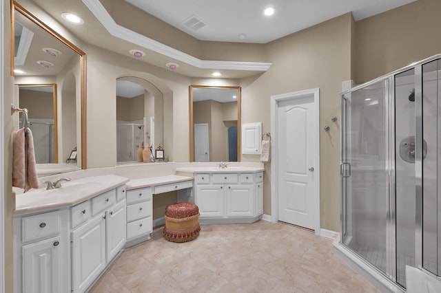 13262 Royal Rdg, Conroe, TX 77302 - bathroom with vanity, a shower stall, and recessed lighting