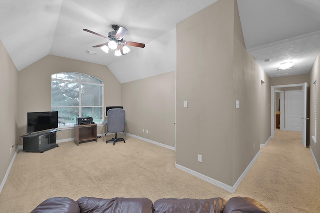 13262 Royal Rdg, Conroe, TX 77302 - living room featuring carpet, a desk, ceiling fan, baseboards, and lofted ceiling