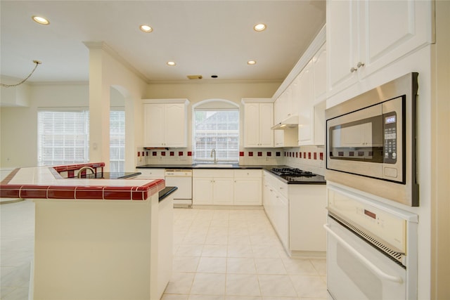 16 Treverstone Ct, Sugar Land, TX 77479 - kitchen with recessed lighting, ornamental molding, backsplash, and white appliances