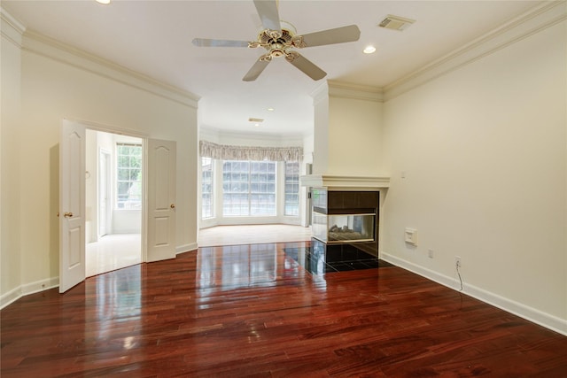 16 Treverstone Ct, Sugar Land, TX 77479 - unfurnished living room with ceiling fan, baseboards, wood finished floors, visible vents, and ornamental molding