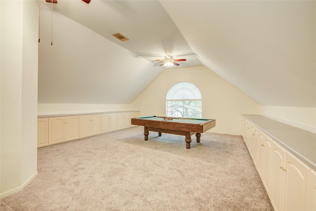 16 Treverstone Ct, Sugar Land, TX 77479 - game room featuring light colored carpet, ceiling fan, visible vents, and billiards