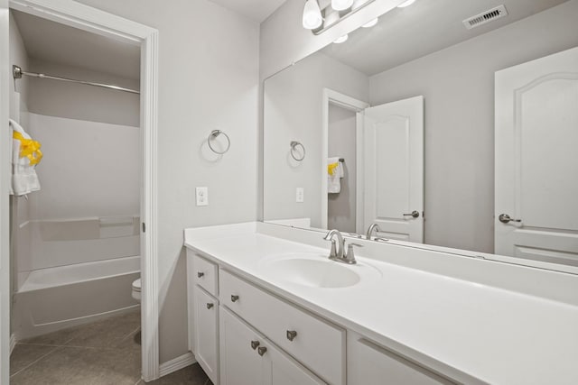 bathroom with tile patterned flooring, vanity, toilet, shower / washtub combination, and visible vents