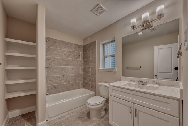 full bathroom featuring visible vents, shower / tub combination, vanity, baseboards, and toilet