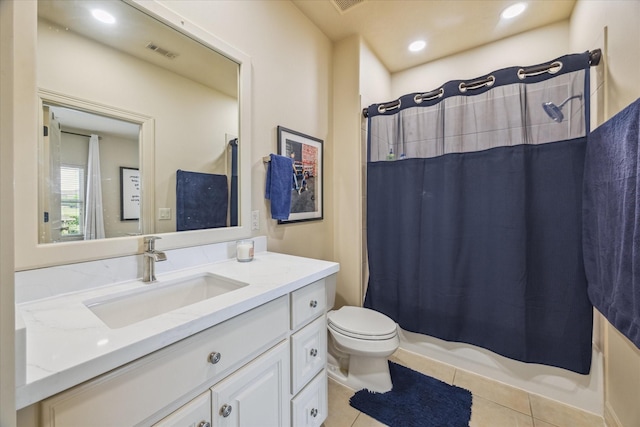full bath with visible vents, tile patterned flooring, vanity, toilet, and recessed lighting