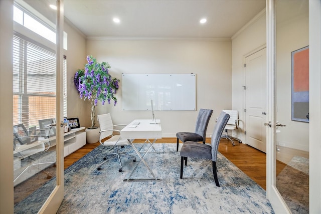 office area featuring ornamental molding, recessed lighting, and wood finished floors