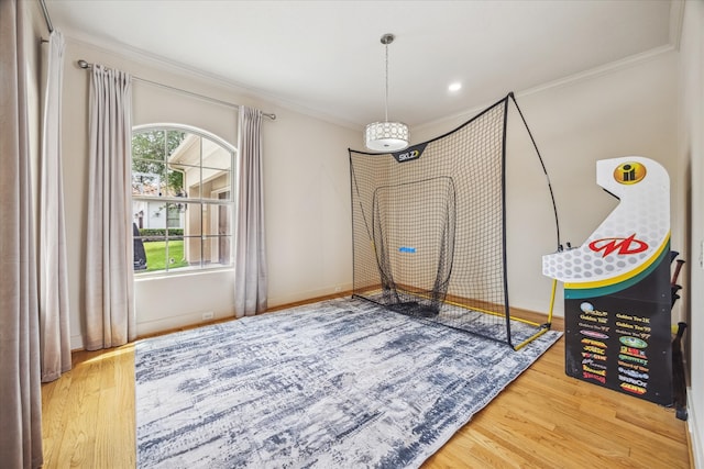 recreation room with ornamental molding and wood finished floors