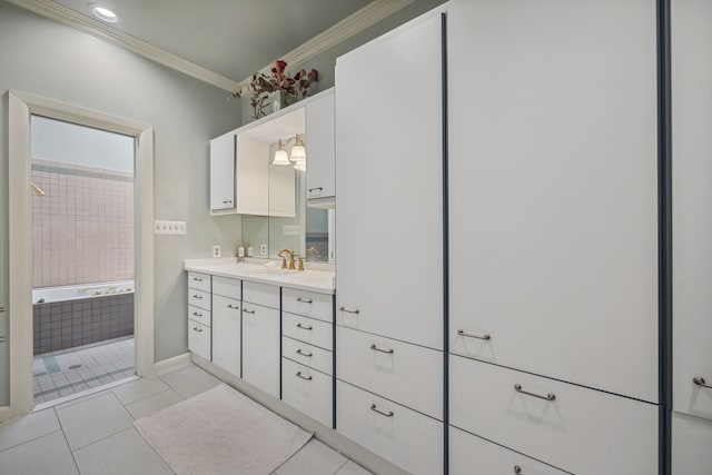 full bath featuring crown molding, vanity, tiled shower, tile patterned floors, and tiled tub