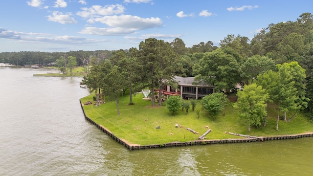 drone / aerial view with a water view and a wooded view