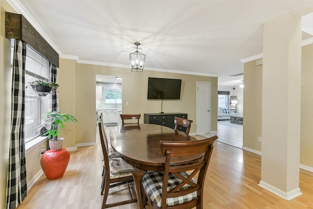dining room with visible vents, plenty of natural light, ornamental molding, and light wood finished floors