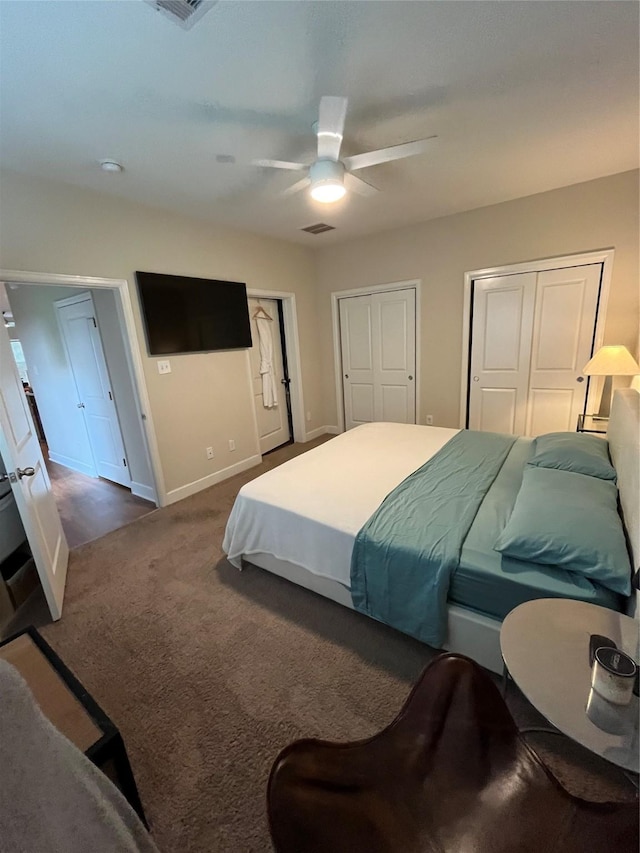 4327 Robertson St, Houston, TX 77009 - bedroom with baseboards, a ceiling fan, dark carpet, and visible vents