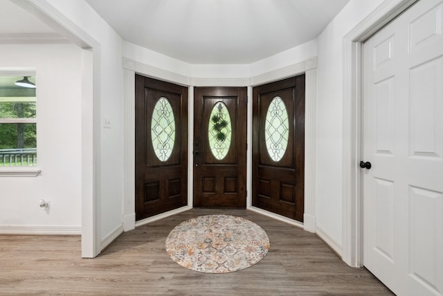 foyer entrance featuring baseboards and wood finished floors