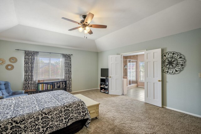 11203 Rocky Mill Dr, Cypress, TX 77429 - carpeted bedroom featuring baseboards, ceiling fan, and lofted ceiling