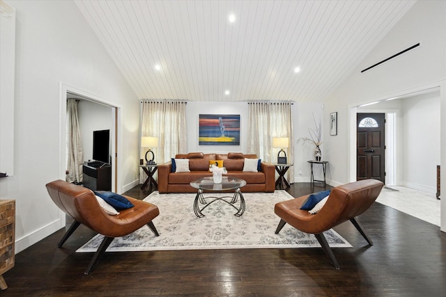 living room with lofted ceiling, hardwood / wood-style floors, baseboards, recessed lighting, and wooden ceiling