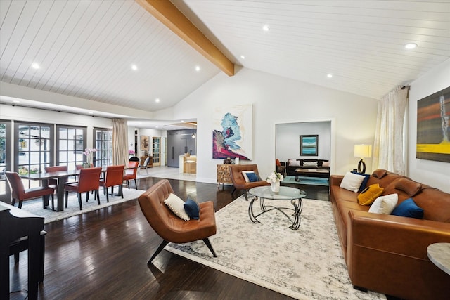 living area with beam ceiling, high vaulted ceiling, recessed lighting, baseboards, and wood finished floors