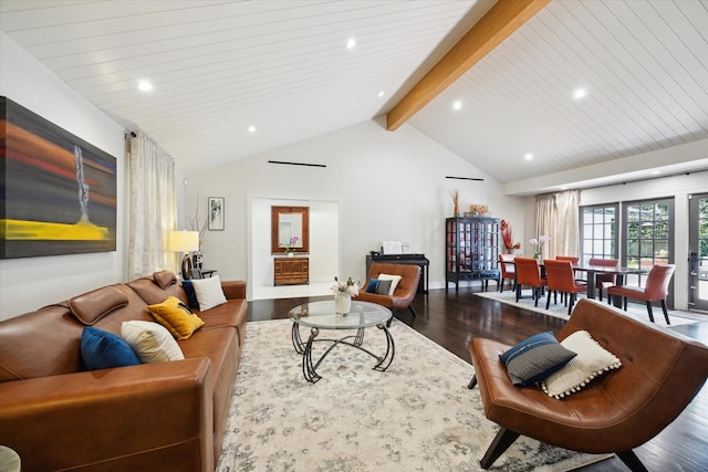 living area with recessed lighting, baseboards, lofted ceiling with beams, and dark wood-style floors