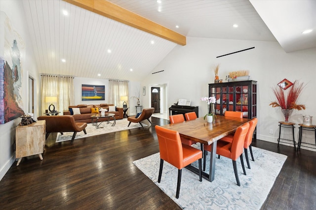 dining space featuring recessed lighting, baseboards, vaulted ceiling with beams, and hardwood / wood-style flooring