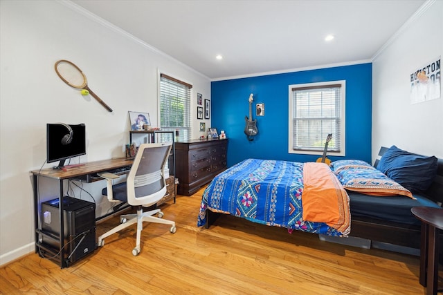 bedroom featuring recessed lighting, baseboards, ornamental molding, and wood finished floors