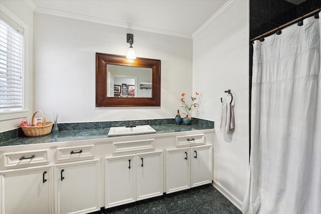full bathroom with plenty of natural light, ornamental molding, curtained shower, and vanity