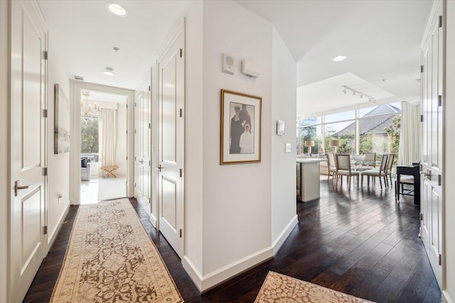 2207 Bancroft St Unit 301, Houston, TX 77027 - hallway featuring dark wood-style flooring, rail lighting, a chandelier, and recessed lighting