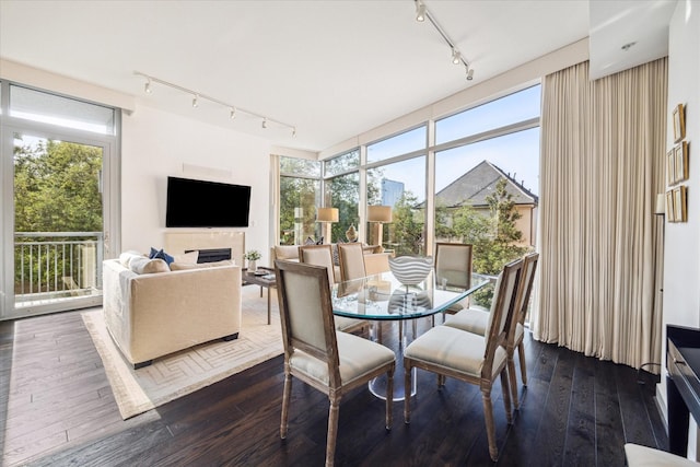 2207 Bancroft St Unit 301, Houston, TX 77027 - dining space featuring rail lighting, plenty of natural light, and dark wood finished floors
