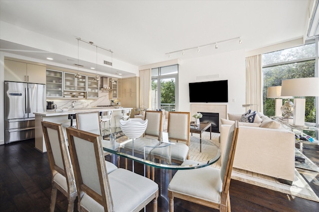 2207 Bancroft St Unit 301, Houston, TX 77027 - dining space featuring track lighting, dark wood finished floors, recessed lighting, and a glass covered fireplace