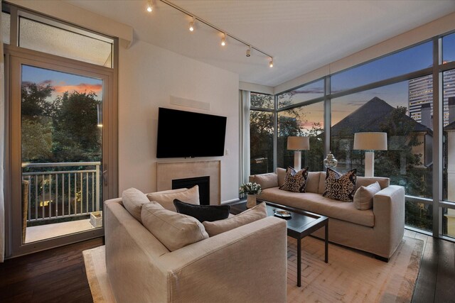 2207 Bancroft St Unit 301, Houston, TX 77027 - living area featuring a fireplace, a wall of windows, rail lighting, and hardwood / wood-style flooring