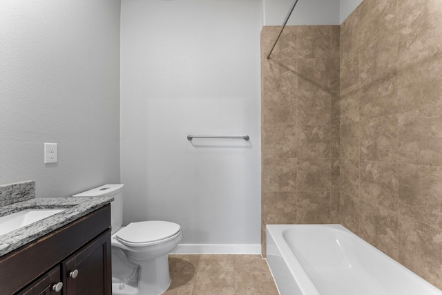 full bath with vanity, tub / shower combination, toilet, baseboards, and tile patterned floors