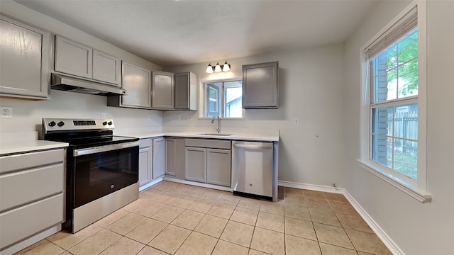 kitchen with stainless steel appliances, under cabinet range hood, gray cabinetry, and healthy amount of natural light