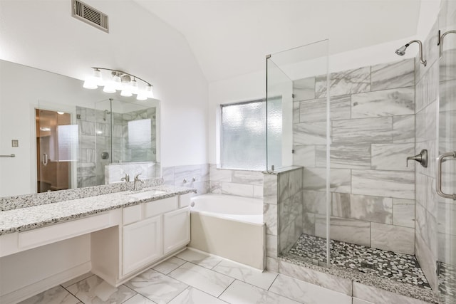 full bath with a bath, visible vents, a shower stall, and lofted ceiling