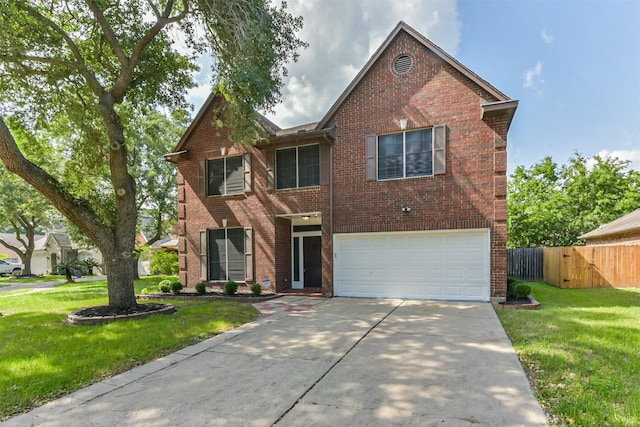 traditional-style home with brick siding, a garage, fence, and driveway