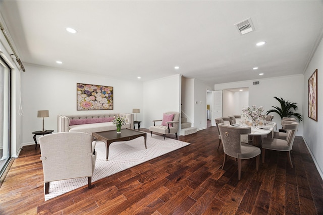 5827 Valley Forge Dr Unit 83, Houston, TX 77057 - living room with wood finished floors, recessed lighting, stairway, baseboards, and crown molding