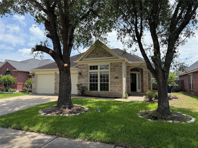 17235 Eden Falls Ct, Houston, TX 77095 - ranch-style home with an attached garage, brick siding, driveway, and a front lawn