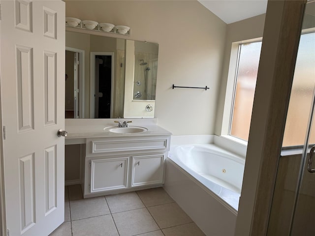 17235 Eden Falls Ct, Houston, TX 77095 - bathroom featuring tile patterned flooring, a stall shower, vanity, and a whirlpool tub