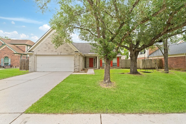 view of front of property with a garage, a front lawn, fence, brick siding, and driveway