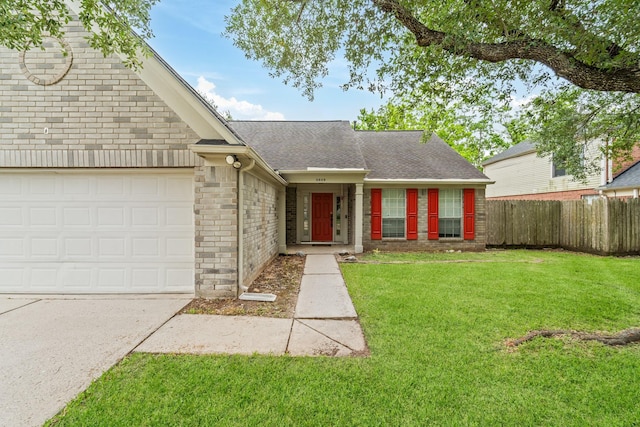 single story home with a garage, brick siding, fence, a front lawn, and a shingled roof