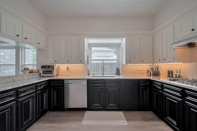 1709 Coles Farm Dr, Sugar Land, TX 77478 - kitchen featuring appliances with stainless steel finishes, dark cabinetry, a sink, white cabinetry, and healthy amount of natural light