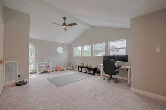 1709 Coles Farm Dr, Sugar Land, TX 77478 - office area featuring beam ceiling, a ceiling fan, healthy amount of natural light, carpet flooring, and high vaulted ceiling