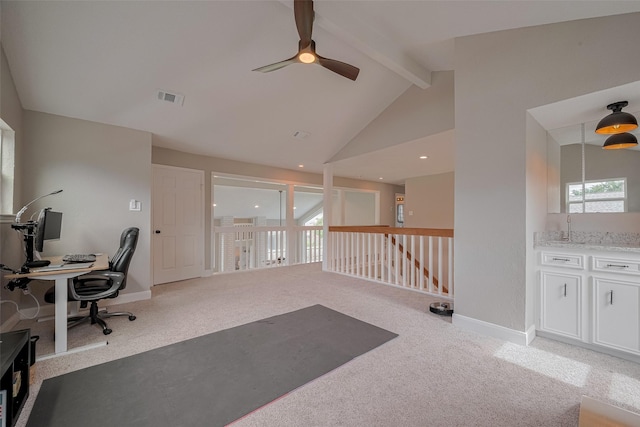 1709 Coles Farm Dr, Sugar Land, TX 77478 - home office with ceiling fan, carpet floors, a sink, and baseboards