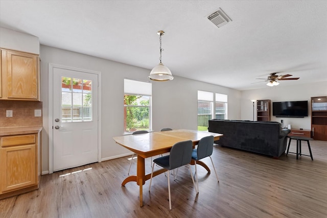 dining room with healthy amount of natural light, light wood-style floors, a ceiling fan, and baseboards