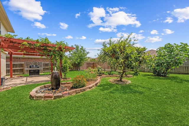 view of yard with a pergola and a patio