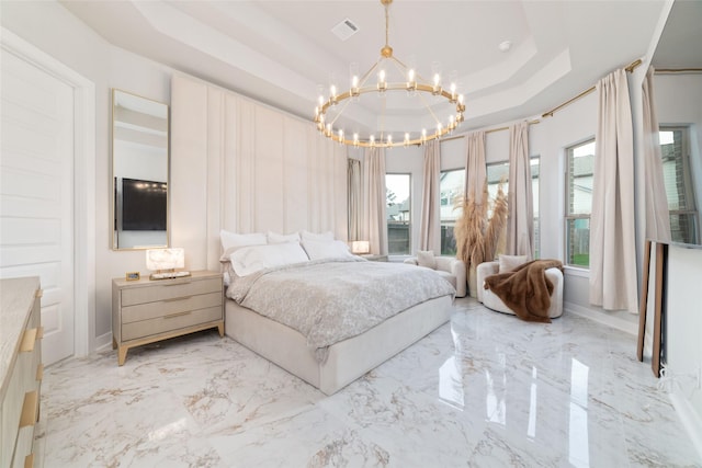 18114 Harbor Trail Ln, Conroe, TX 77302 - bedroom with visible vents, marble finish floor, multiple windows, a raised ceiling, and a notable chandelier