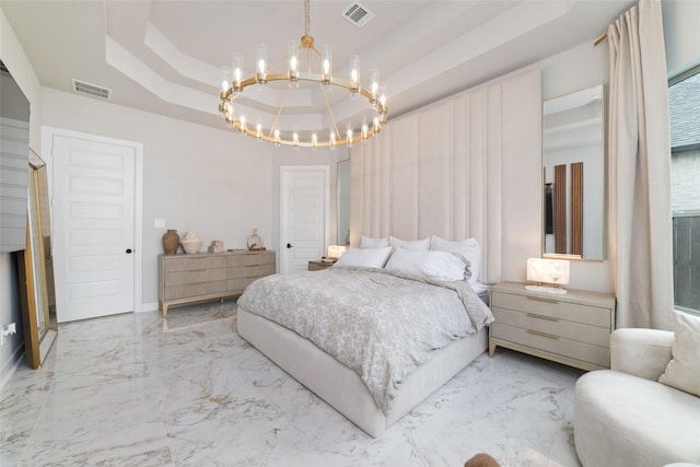 18114 Harbor Trail Ln, Conroe, TX 77302 - bedroom featuring visible vents, marble finish floor, a tray ceiling, and a chandelier