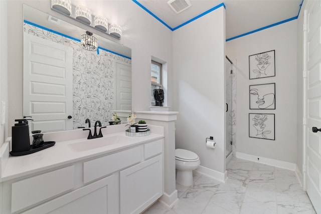 18114 Harbor Trail Ln, Conroe, TX 77302 - full bath with toilet, marble finish floor, baseboards, a shower stall, and visible vents