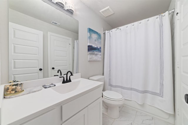 18114 Harbor Trail Ln, Conroe, TX 77302 - full bath with toilet, visible vents, marble finish floor, and vanity